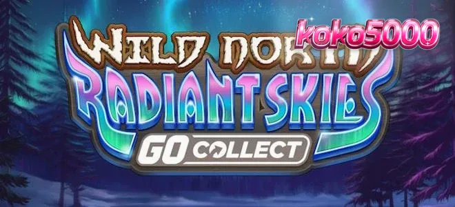 Pemandangan hutan bersalju dengan cahaya utara di latar belakang slot Wild North Radiant Skies GO Collect